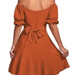LYANER Women’s Square Neck Ruffle Wrap Mini Dress Off Shoulder Flounce Short Sleeve A Line Flowy Dress Dark Orange Small
