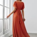 Ever-Pretty Women’s V-Neck Ruched Bust Ruffle Sleeves A Line Chiffon Maxi Bridesmaid Dress Plus Size Burnt Orange US18