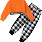 Girls Halloween Outfit Set, Pullover Crop Sweatshirt Tops + Plaid Jogging Pants 2 Pieces Cropped Athletic Clothes Sets, Orange + Plaid, 9-10 Years = Tag 150