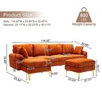 KIVENJAJA U-Shaped Sectional Sofa Couch, Modern Convertible L-Shaped Velvet Couch Set with Reversible Chaise Lounge, Ottoman and Pillows for Living Room, 114 inches (Orange)