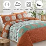 Xruibed Boho Quilt Set Queen Bohemian Burnt Orange Pattern Quilt Coverlet Set Bohemian Floral Bedspread with 2 Pillow Shams Lightweight Boho Bedding Quilt Set for Teens Adults (3 Pieces, 90″x 96″)