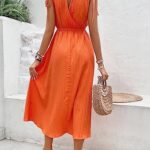 WDIRARA Women’s Cut Out V Neck Maxi Dress Sleeveless Knot Back Flared Hem High Waist Casual Basic Dresses Orange L
