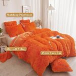 XeGe Plush Shaggy Duvet Cover Set, Luxury Ultra Soft Fluffy Faux Fur Bedding Sets 3 Pieces Velvet(1 Fuzzy Furry Comforter Cover + 2 Faux Fur Pillow Cases), Zipper Closure (Queen, Orange)