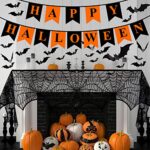 Halloween Decorations Indoor Set , -Halloween Fireplace Mantel Scarf & Round Table Cover & Lace Table Runner &Halloween Banner & 60 pcs Scary 3D Bat for Halloween Party decorsr,Spooky Home Decor