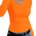 Afibi Women Ribbed Long Sleeve V Neck Slim Fit Stretchy Basic T Shirts Tops (Small, Orange)