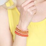 Bohemian Multi-Layer Beaded Stacking Bracelet – Versatile Stretch Strand Statement Wrap Slip-on Cuff Bangle Shiny Crystal Bead Metallic, USA Flag, Rainbow Pride (Sparkly Mix – Coral Orange)