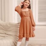 GRACE KARIN Girl Fall Dress Long Sleeve Ruffle A Line Swing Flowy Solid Burnt Orange 6Y