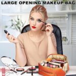 AURUZA Travel Cosmetic Bag,Large Capacity Makeup Bag With Handle and Divider Flat Lay Makeup Organizer Bag, Portable Toiletry Bag,Makeup Storage Bag,Makeup Brush Bag for Women (Orange)
