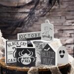 MISBEST Halloween Tiered Tray Decor,Halloween Decorations Hunted House Black Cat BOO Spooky Table Wooden Sign Tray,Halloween Shelf Decoration Fall Farmhouse Decor