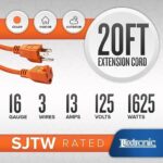 Luxtronic Outdoor Extension Cord 20 ft ETL-Listed, SJTW-Rated – 3-Prong Heavy-Duty Power Cord Outlet – Double-Insulated, Grounded, 16 AWG/3C, 125V AC, 13A – High-Visibility Orange