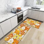 Fall Orange Kitchen Rugs Mats [2 Pcs] Farmhouse Boho Floral Cushioned Anti Fatigue Kitchen Floor Mats PVC Non-Skid Waterproof Comfort Standing Mat for Sink, Kitchen,17.3″ x 28″+17.3″ x 47″, Orange