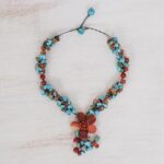 NOVICA Artisan Handmade Agate Carnelian Y Necklace Resin Bead Magnesite Aventurine Orange Turquoise Blue Beaded Thailand Celosia Floral Bohemian ‘Summer Flower’