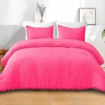 Exclusivo Mezcla Boho Pom Pom Ball Fringe Queen Comforter Set, 3 Piece Hot Pink Lightweight Down Alternative Bedding Comforter Sets for All Seasons (1 Comforter and 2 Pillowcases)
