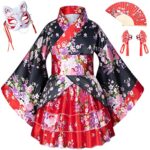 Japanese Traditional Dress Kimono Robe for Kids Girls Costume Silk Folding Fans hairstick Fox mask Set(red Back 140cm)