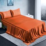 Manyshofu Satin Queen Sheets Set 4 Piece – Soft Silky Satin Sheets Set, Rust Orange Satin Bed Sheets Cooling & Luxury Bedding Sheet Set(1 Satin Fitted Sheet, 1 Satin Flat Sheet, 2 Satin Pillow Cases)