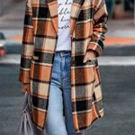 PRETTYGARDEN Women’s 2024 Plaid Shacket Jacket Casual Button Wool Blend Winter Tartan Trench Coat With Pockets (Orange,Large)