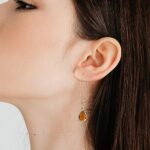 18K Gold Plated Burnt Orange Earrings for Women Handmade Amber Pull Through Earrings Hypoallergenic Orange Gemstone Drop Dangle for Sensitive Ears