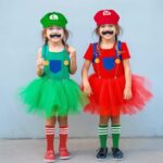 Vegove Super Bros Mary & Luigi Tutu & Hat Costumes for Girls, Kids Funny Halloween Cosplay Outfits Accessories (Red & Green)