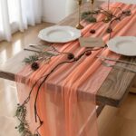 Keketo Cheesecloth Table Runner Coral Peach Gauze 120 Inch 10 FT Rustic Boho Cheese Cloth Table Runner for Wedding Baby Shower Bridal Shower Party Sheer Centerpiece Spring Easter Home Decorations
