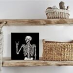 KEUSPI Skull Decor,Halloween Desk Decor,Funny Halloween Gothic Skull Skeleton Wood Sign Plaque,Halloween Signs Decor,Gothic Decor for Bedroom Home,Black Skull Skeleton Home Decor