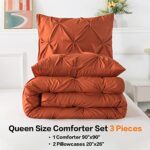 Andency Burnt Orange Pinch Pleated Comforter Queen(90x90Inch), 3 Pieces(1 Pintuck Comforter and 2 Pillowcases) Pintuck Microfiber Down Alternative Comforter Bedding Set