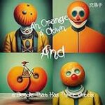 An orange, a clown and a bicycle that has three wheels