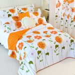 EVENHUG 100% Cotton Quilt Queen Size Orange Sunflower Bedding Set Floral Lightweight Quilt Reversible Coverlet Bedspread with 2 Pillow Shams All Seasons 3 Pieces (Orange,Queen/Full)