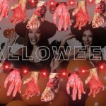 Halloween Red LED Lights with Bloody Hands and Feet Hanging Banner Cards Decor 9.8 Ft 30 LED Red Lights 2 Modes Battery Halloween Lights for Halloween Party Decoration (2 Set)