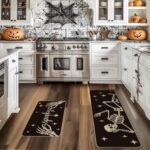 Artoid Mode Spooky Skeleton Spider Bone Black Halloween Kitchen Mats Set of 2, Black Home Decor Low-Profile Kitchen Rugs for Floor – 17×29 and 17×47 Inch