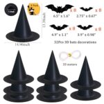 Tepoobea 8 Pack Halloween Decorations Black Witch Hat, Indoor Halloween Decorations Outdoor Costume Accessory 32Pcs 3D Bats Hanging Witch Hat Decor