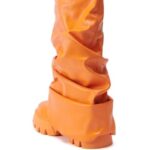 sexytag Slouchy Foldover Mid Calf Boots for Women Denim Platform Round Toe Western Combat Pull-On Fashion Shark Booties Orange Size 8