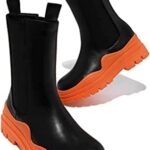 SANIOOOI Women Platform Chelsea Bootie,Fashion Mid Calf Boots Chunky Double Heel Round Toe Slip on Thick Sole (Orange,10)