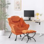 SESHINELL Lazy Chair with Ottoman, Modern Accent Chair Contemporary Lounge Leisure Sofa Chair with Armrests, Reading Chair and Folding Footstool Set for Living Room, Bedroom, Orange