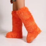 Women Furry Faux Fur Snow Boots Fluffy Fuzzy Comfy Knee High Boot Colorful Round Toe Flat Shoes Rubber Sole Outdoor Indoor Fashion Party(Imitation Fox Fur Orange 8)