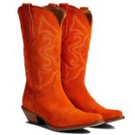 LEHOOR Orange Western Boots Women Embroidered Knee High Cowboy Boots Orange Low Stacked Heel Pointed Toe Pull On Orange Mid Calf Cowgirl Boot V Cut Suede Vintage Fall Winter Boot Suede Orange 6