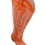 Frankie Hsu Women’s Embroidered Western Cowboy Boots Knee High Stitching Orange Almond Heeled Chunky Fashion Retro Classic Wide Calf Big Size Pull-On Shoes