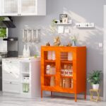 COFaR Metal Locker Storage Mesh Cabinet with Leg and Adjustable Shelves, Versatile Storage for Kitchen, Laundry Room, Living Room, Office, Curio Display,Liquor,Sideboard(Orange, 40″)