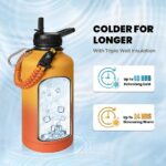 RAYMYLO Insulated Water Bottle 64 oz, Triple Wall Vacuum Stainless Steel (Cold for 48 Hrs), Leak Proof & Non-BPA, Half Gallon Water Flask Jug with Paracord Handle & Straw Spout Lids, Ombre Orange