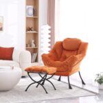 MBOOYOME Lazy Chair with Ottoman, Modern Accent Chair Contemporary Lounge Leisure Upholstered Sofa Chair Set with Armrests, Reading Chair for Living Room, Bedroom, Office, Orange