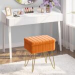 Greenstell Vanity Stool Chair Faux Fur with Storage, 15.7″L x 11.8″W x 19.4″H Soft Ottoman 4 Metal Legs with Anti-Slip Feet, Furry Padded Seat, Modern Multifunctional Chairs for Makeup, Bedroom,Orange