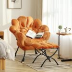 Furlide 2025 Lazy Chair with Ottoman, Modern Floral Chair with Folding Footrest, Lounge Accent Chair, Comfortable Reading Chair, Oversized Armchairs for Bedroom, Living Room, Courtyard?Velvet Orange?