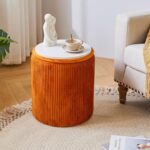IBUYKE Set of 2 Round Ottoman with Storage, Velvet Vanity Stool for Makeup, Modern Padded Seat Coffee Table, Multipurpose Footrest Stool for Living Room & Bedroom, Orange WBD005J
