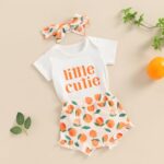 BSaogr Newborn Baby Girl Shorts Set Little Cutie Outfits Strawberry/Orange Short Sleeve Romper Frill Trim Shorts Headband (White, 6-12 Months)