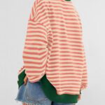 BTFBM Womens Striped Pullover Tops Fall Clothes 2025 Long Sleeve Shirts Trendy Soft Crew Neck Loose Y2K Sweatshirts(Light Orange Apricot, X-Large)