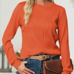 EVALESS Womens Casual Dressy Trendy Textured Tops 2025 Spring Summer Fall Crewneck Long Sleeve Shirts Loose Solid Knit Blouses Clothes Outfits,Russet Orange Medium