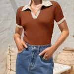 ZESICA Women’s Short Sleeve V Neck T Shirts 2025 Summer Ribbed Knit Slim Fitted Basic Solid Color Tee Tops,Rust,Large