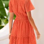 PRETTYGARDEN Womens 2025 Summer Short Dress V Neck Short Sleeve A Line Hollow Out Lace Ruffle Cute Casual Beach Party Dresses (Orange,Small)