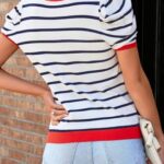 Dokotoo Womens Summer Tops 2025 Fashion Crewneck Cute Orange Striped Shirts Puff Short Sleeve Color Block Dressy Casual Blouses Elegant Ribbed Knit Business Causal Clothes Medium