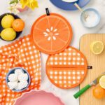 kate spade new york Squeeze The Day and Spring Gingham Pot Holder 2-Pack Set, Heat Resistant, 100% Cotton, Orange, 8″