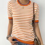 Zeagoo Orange and White Striped Shirt for Women Short Sleeve Summer Lightweight Sweater Crewneck Color Block Tops